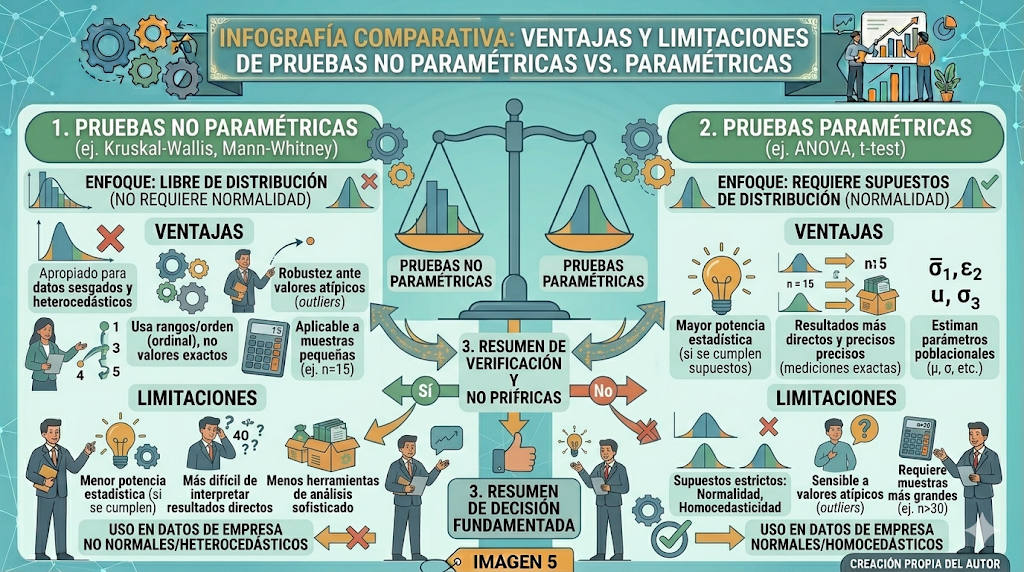 Infografía comparativa: ventajas y limitaciones de pruebas no paramétricas vs. paramétricas