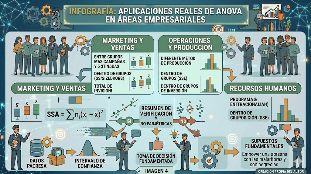Infografía con aplicaciones reales de ANOVA en áreas empresariales