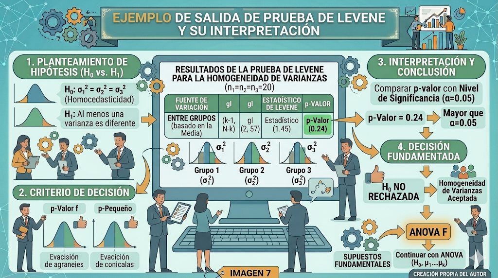 Ejemplo de salida de la prueba de Levene en software estadístico con interpretación